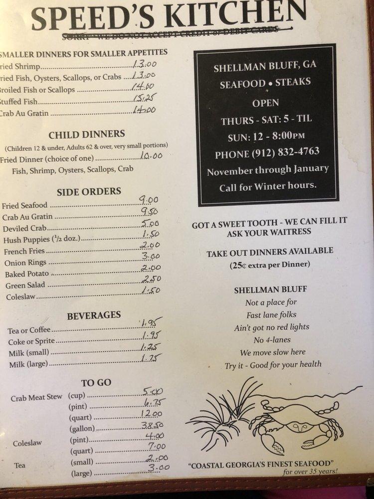Menu at Speed's Kitchen restaurant, Shellman Bluff