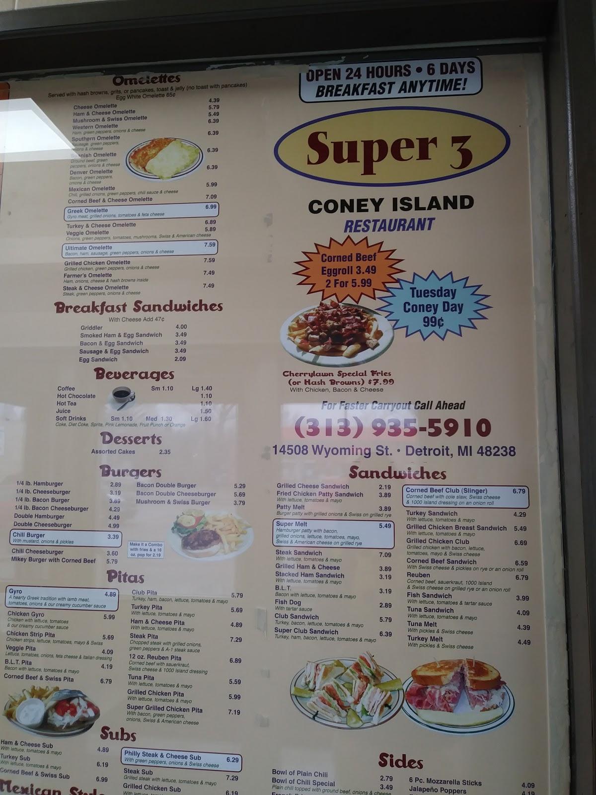 Menu at Super Coney Island restaurant, Detroit, Wyoming Ave