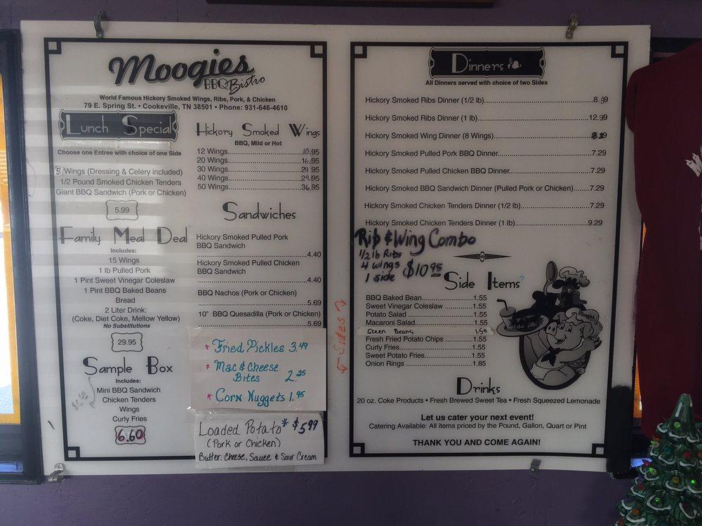 Menu at Moogies BBQ, Cookeville