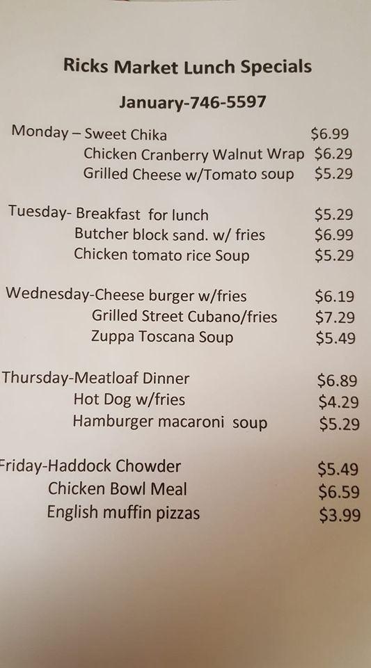 Menu at Ricks Market pizzeria, East Millinocket