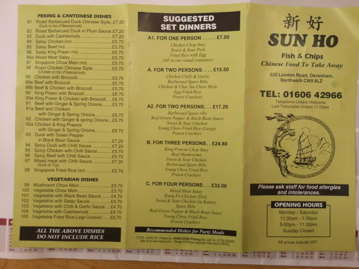 Menu at Sunho Fish Chips & Chinese Takeaway restaurant, Northwich