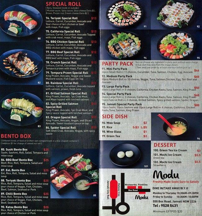 Menu at Modu Sushi restaurant, Jannali