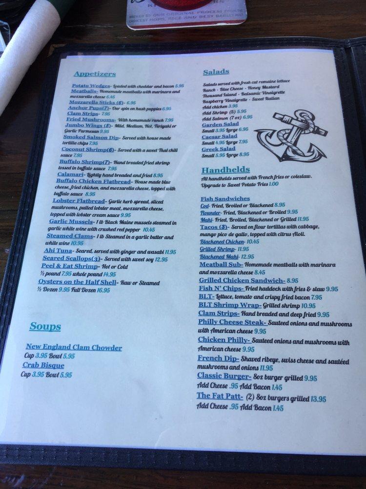 Menu at The Anchor restaurant, Flagler Beach