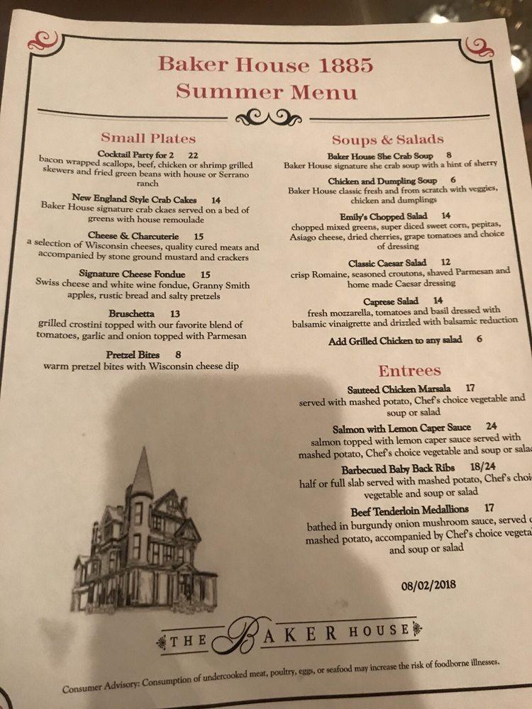 Menu at The Baker House restaurant, Lake Geneva