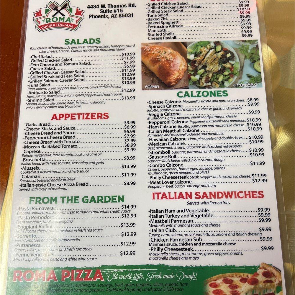 Menu at Roma Cucina pizzeria, Phoenix