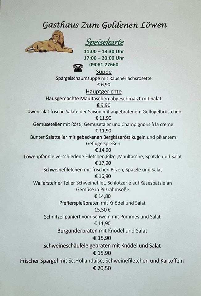 Speisekarte von Zum Goldenen Löwen restaurant Wallerstein