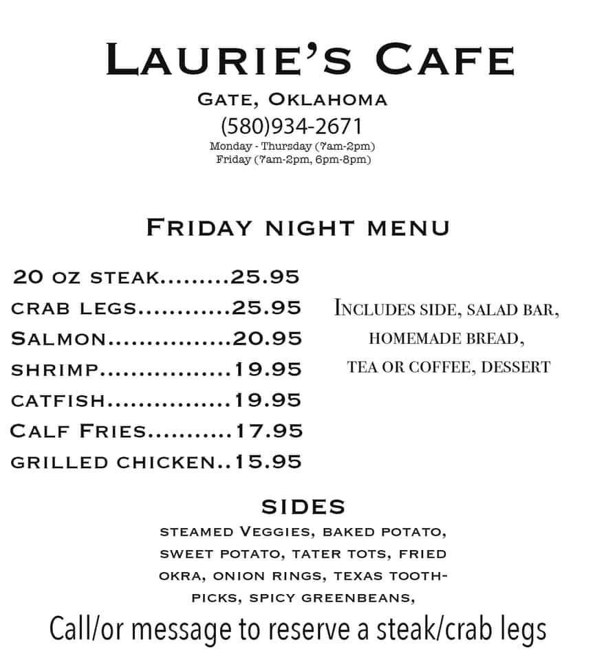 Menu at Lauries Cafe, Gate