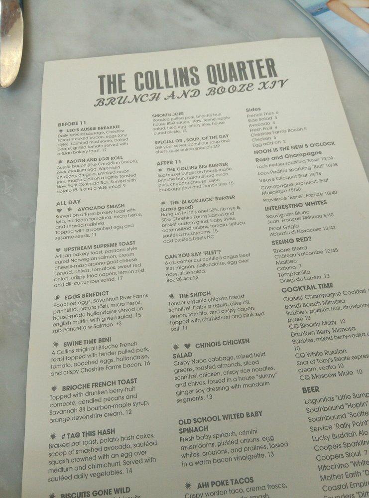 Menu at The Collins Quarter cafe, Savannah, 151 Bull St