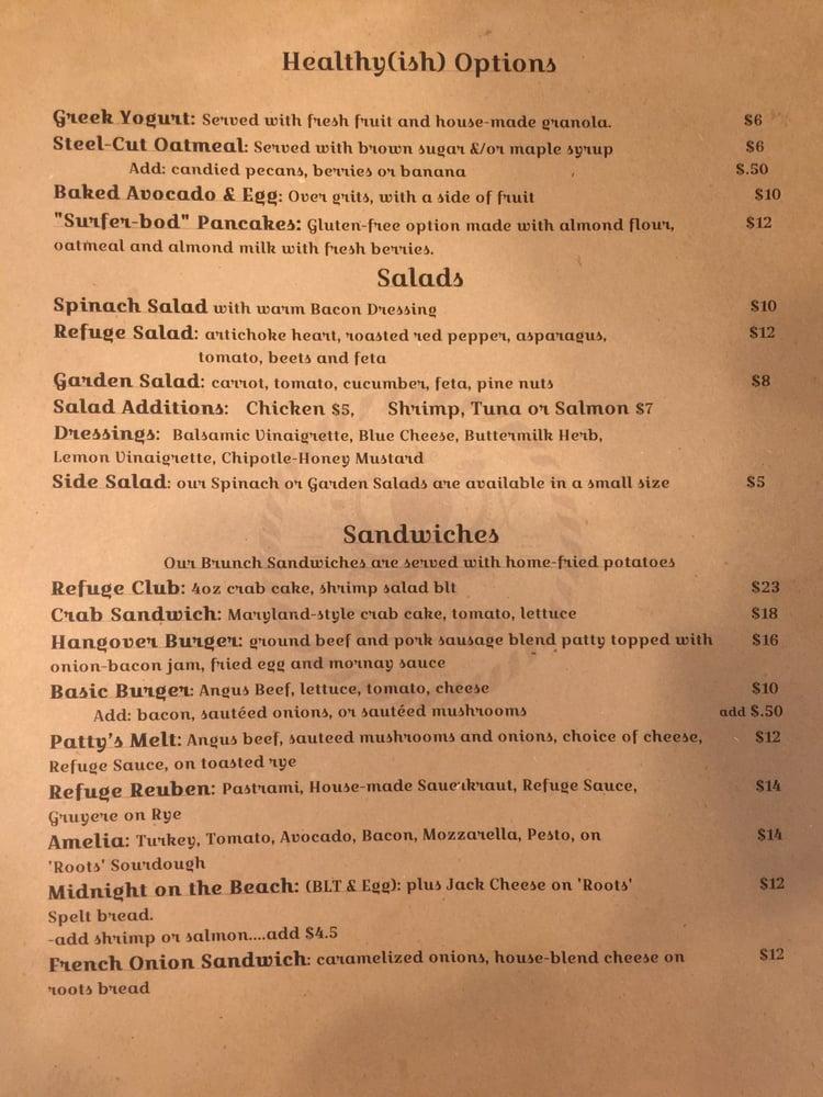 Menu at The Refuge restaurant, Isle of Palms