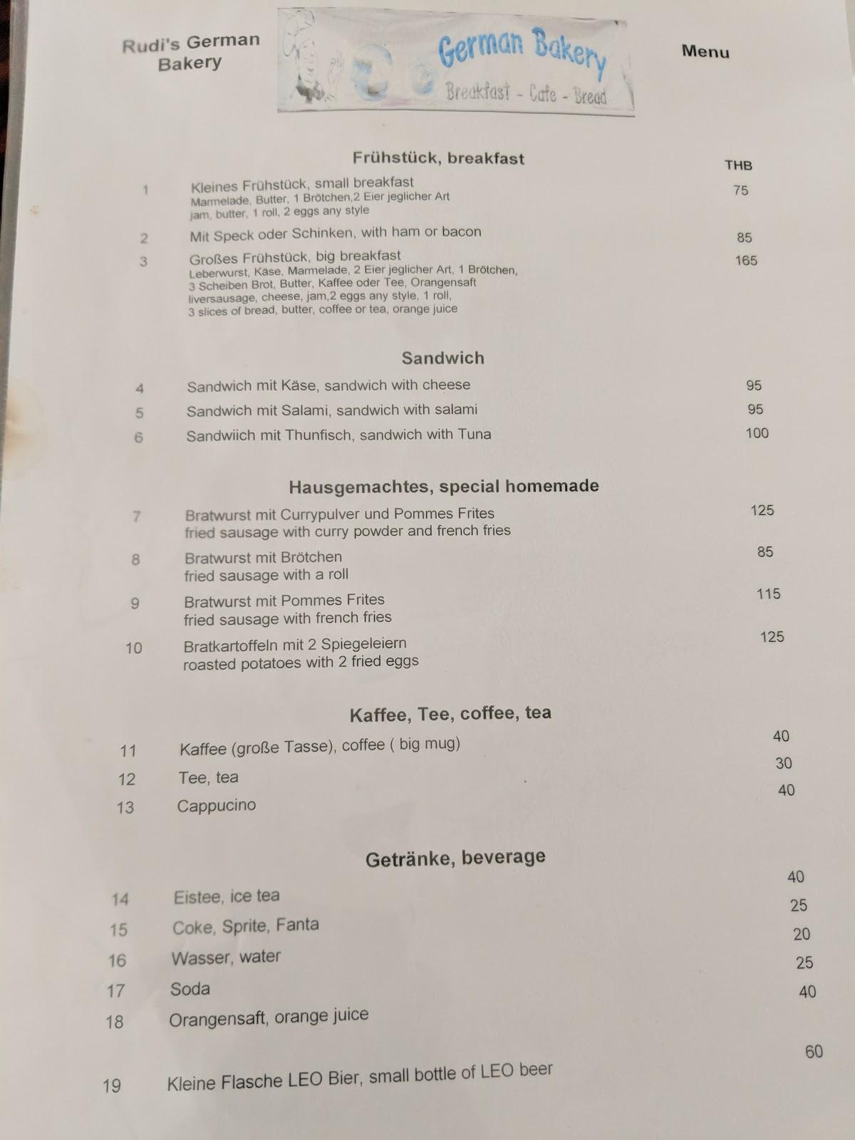Menu at German Bakery, Nong Kom Ko