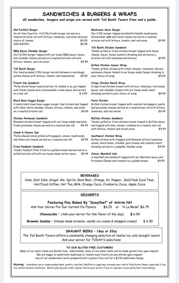 Menu at Toll Booth Tavern pub & bar, Francestown, 740 2nd New Hampshire ...