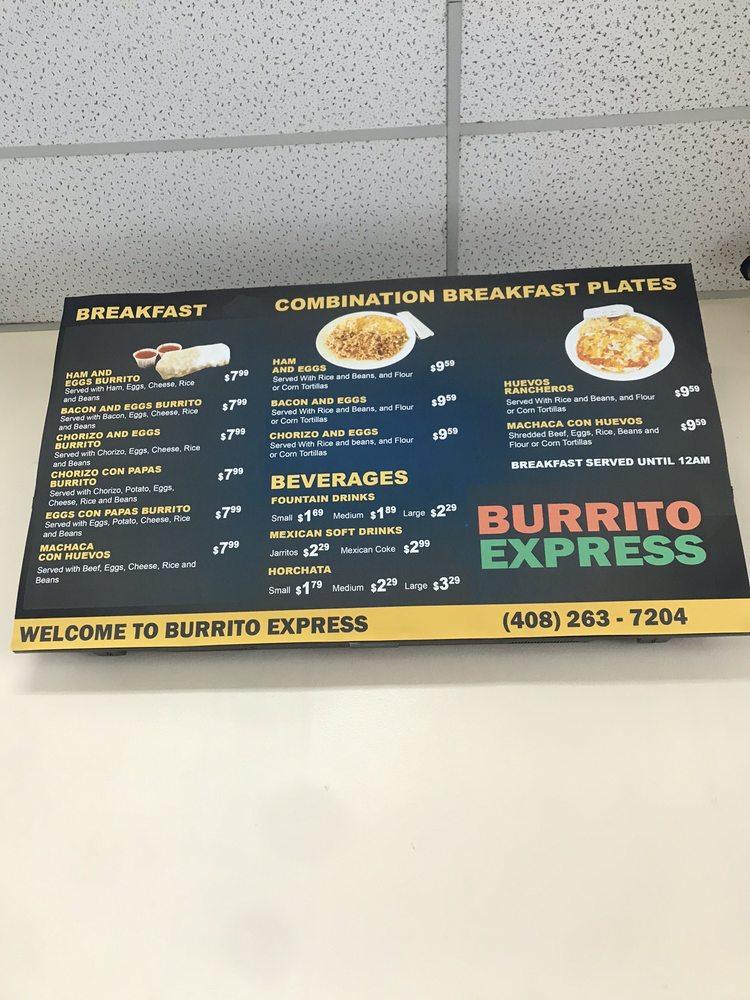 Menu at Burrito Express restaurant, Milpitas