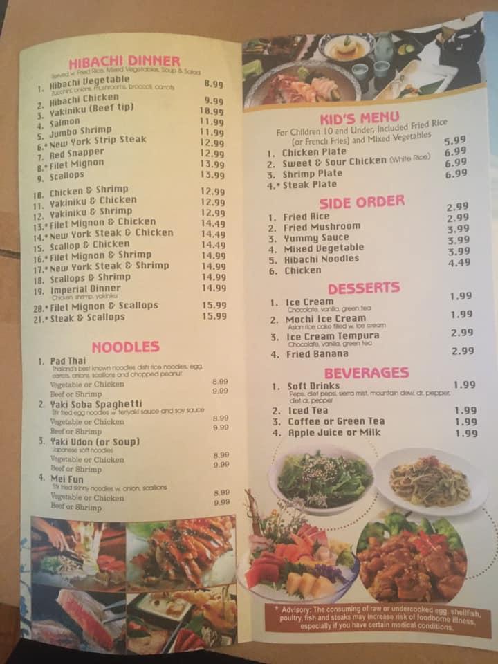 Menu at Yamato restaurant, Decherd