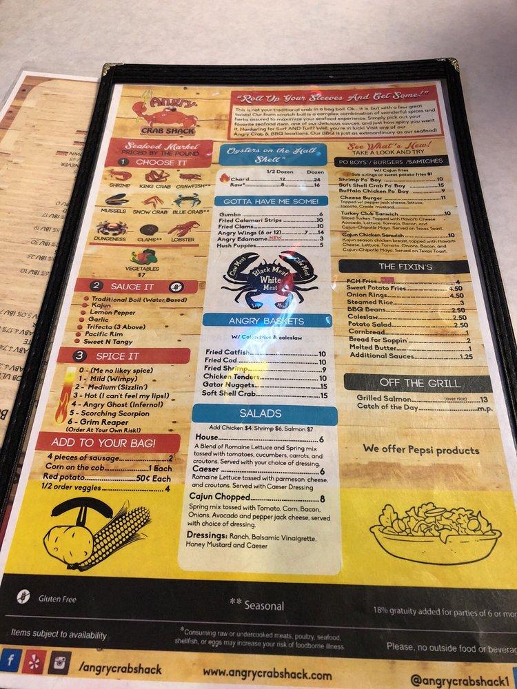Menu at Angry Crab Shack restaurant, Peoria, W Cactus Rd