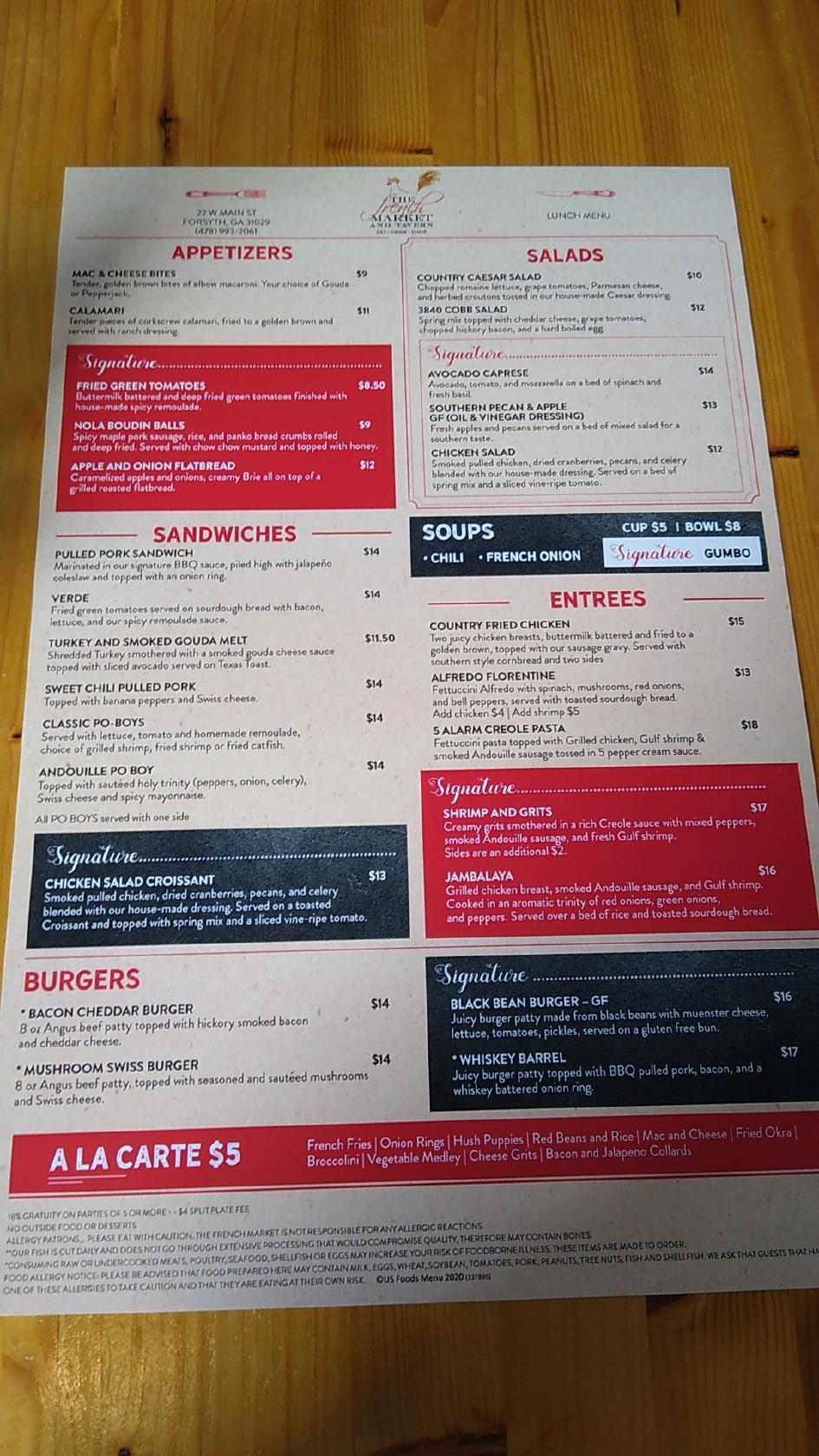 Menu at The French Market & Tavern - Forsyth restaurant, Forsyth