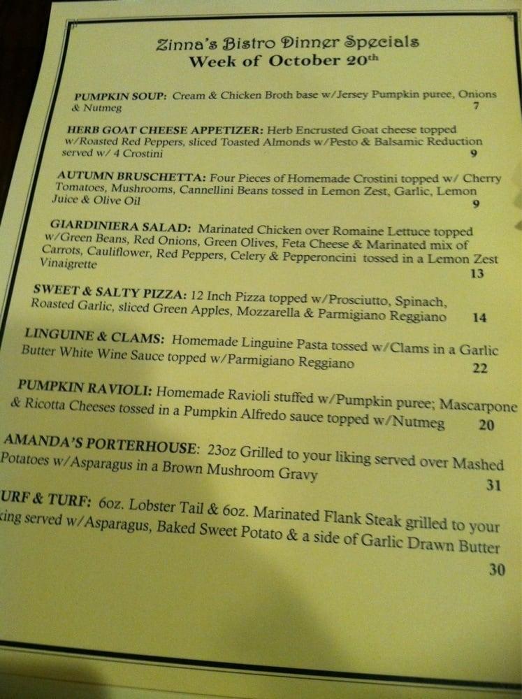 Menu at Zinna's Bistro restaurant, Cranbury Township