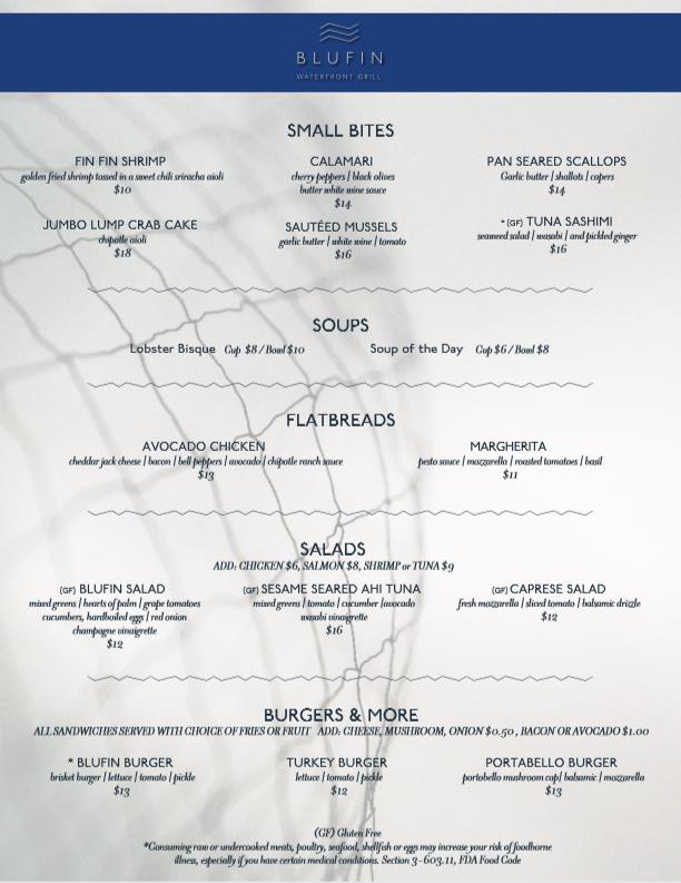 Menu at BLUFIN Waterfront Grill pub & bar, Tampa