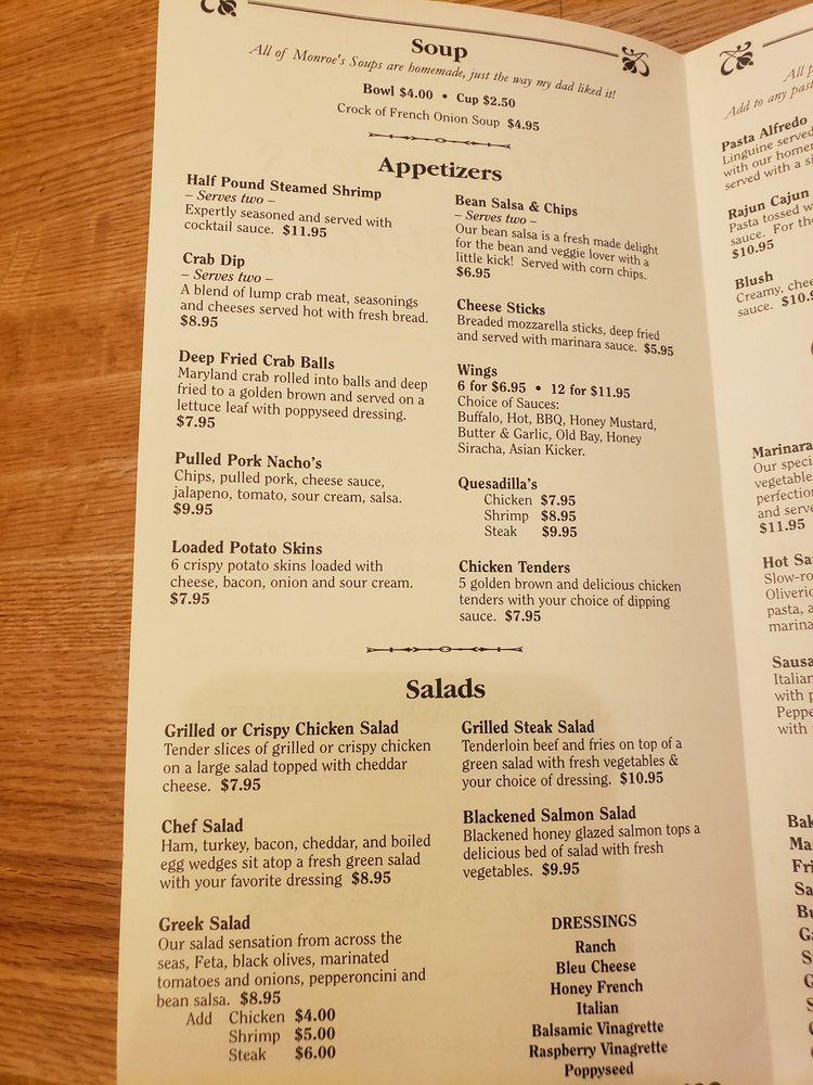 Menu at Monroe's steakhouse, Kingwood