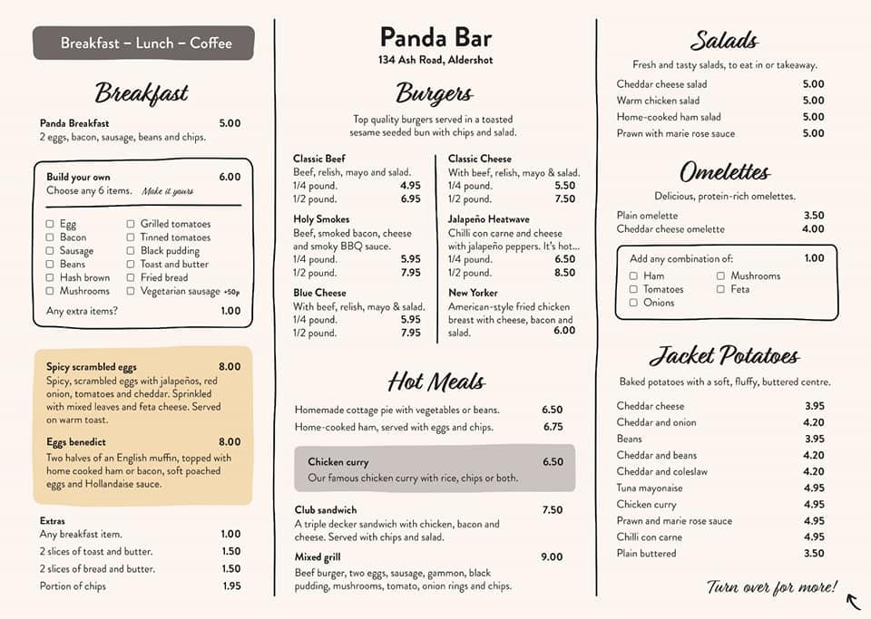 Menu at Panda Bar Cafe, Aldershot