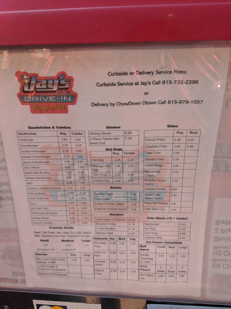 Menu at Jay's Drive In fast food, Oregon