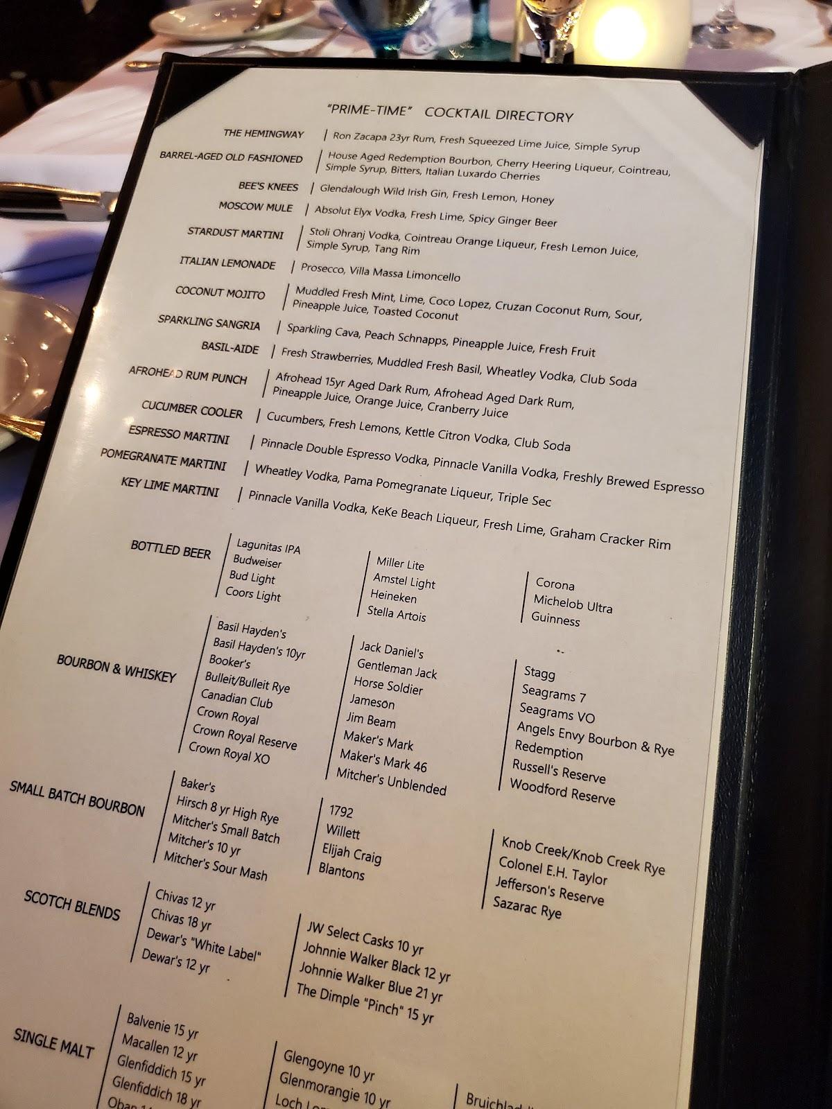 Menu at Prime Steakhouse, Key West