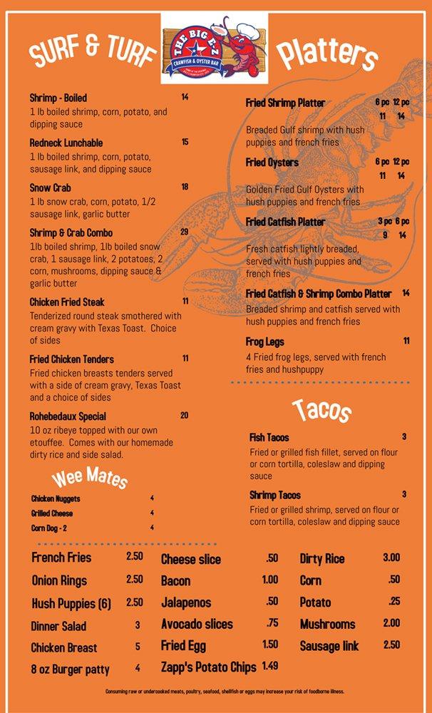 Menu at The Big EZ Crawfish & Oyster Bar, Huntsville