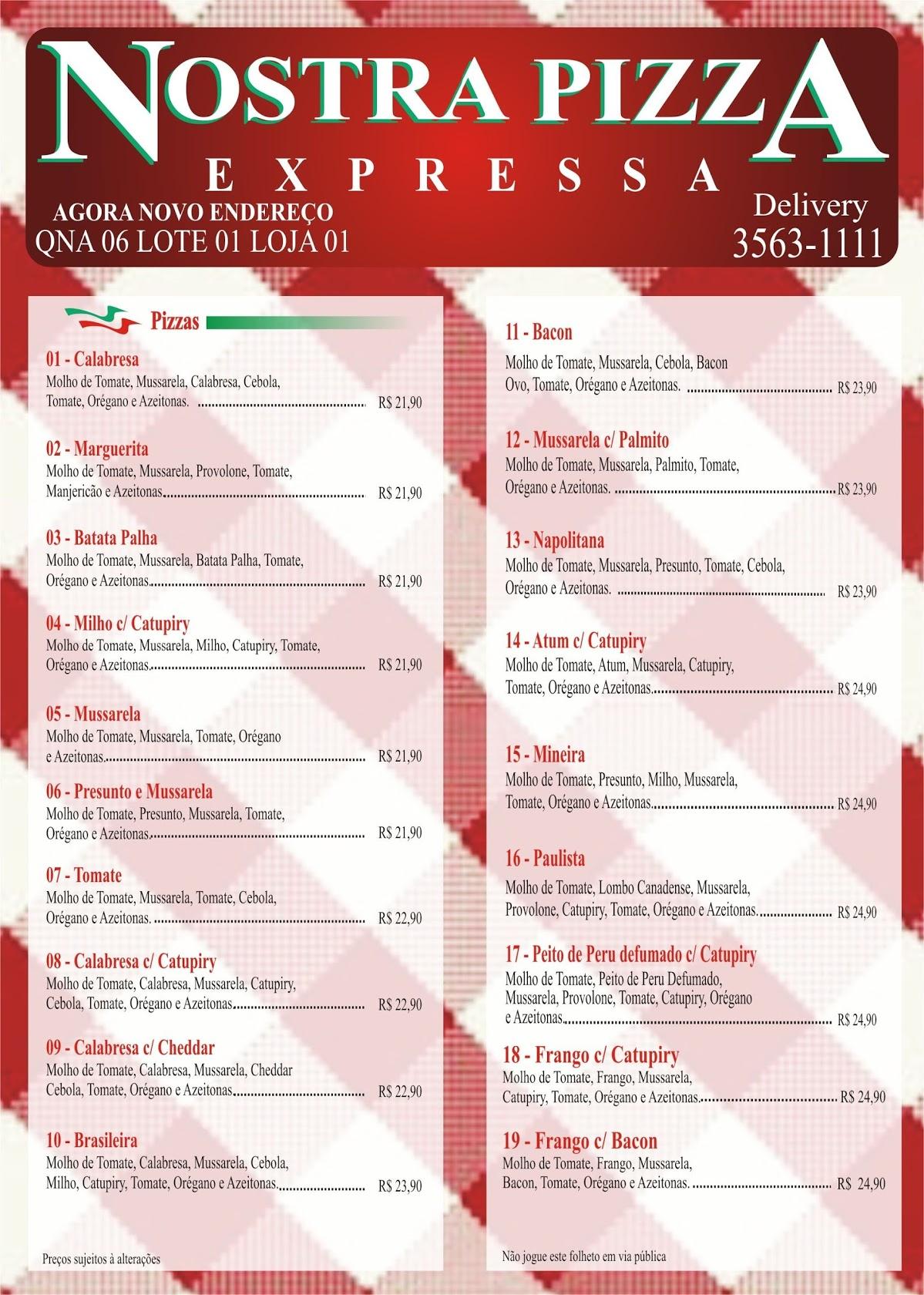 Nostra Pizza cardápio