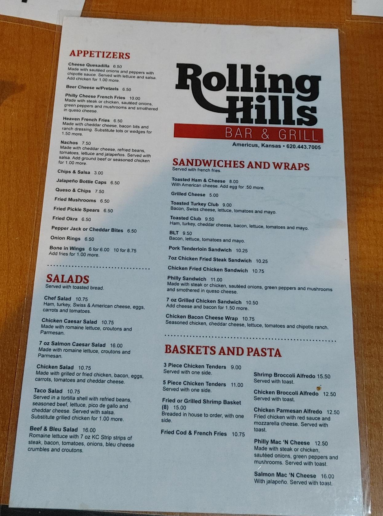 Menu at Rolling Hills Bar and Grill, Americus