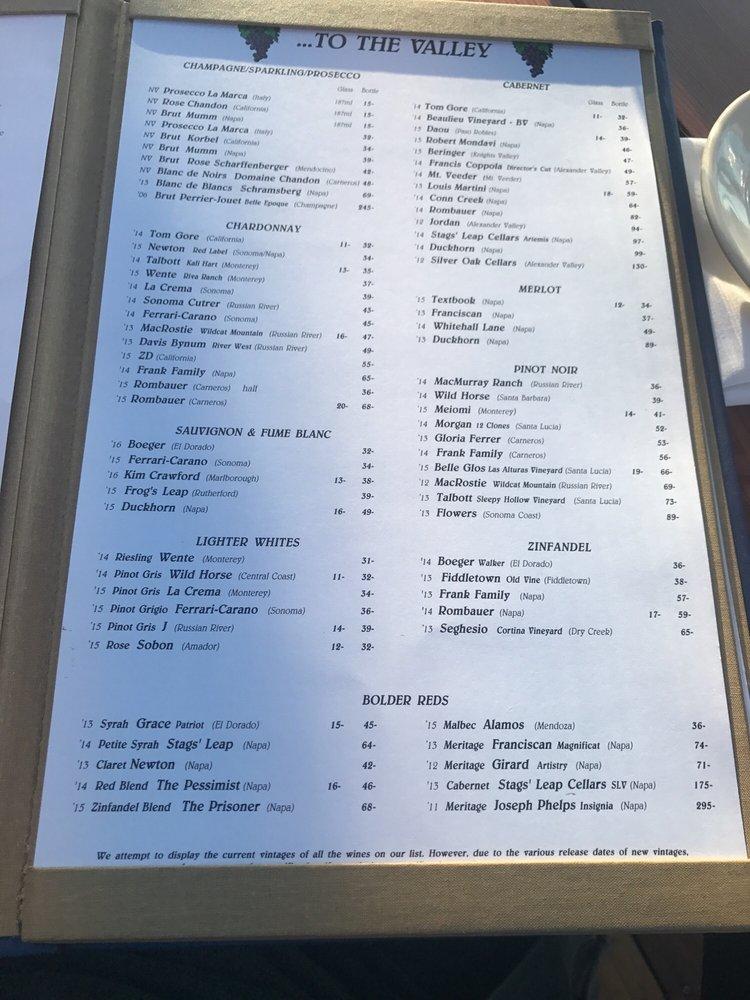 Menu at Riva Grill On the Lake restaurant, South Lake Tahoe
