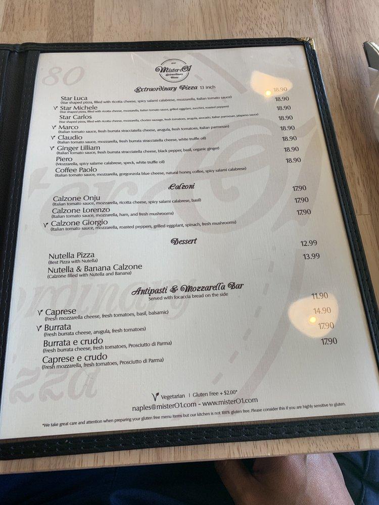Menu at Mister O1 Extraordinary Pizza Naples pizzeria, Naples