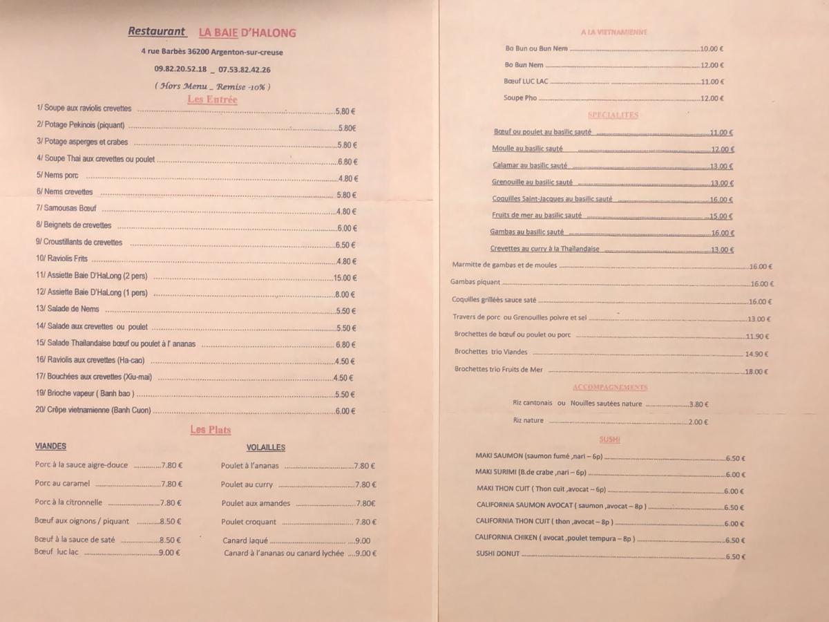 Menu au LA BAIE D’HALONG restaurant, ArgentonsurCreuse