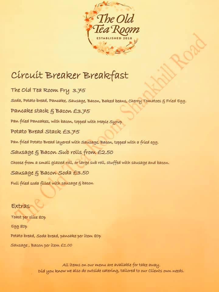 Menu at The Old Tea Room restaurant, Belfast
