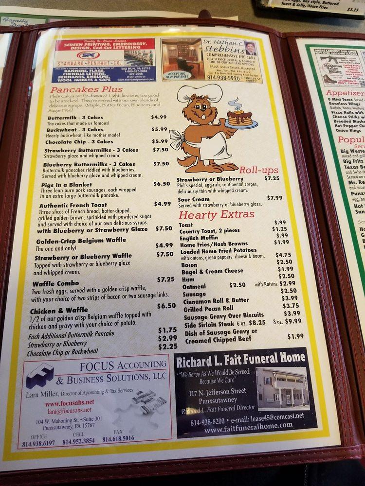 Menu at Punxy Phil's Family Restaurant, Punxsutawney