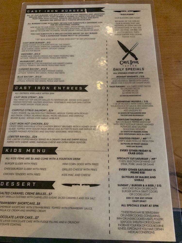 Menu at Cast Iron Tavern pub & bar, Golden