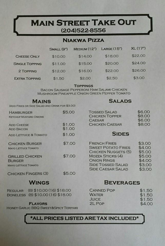 Menu at Main Street Take Out restaurant, Melita