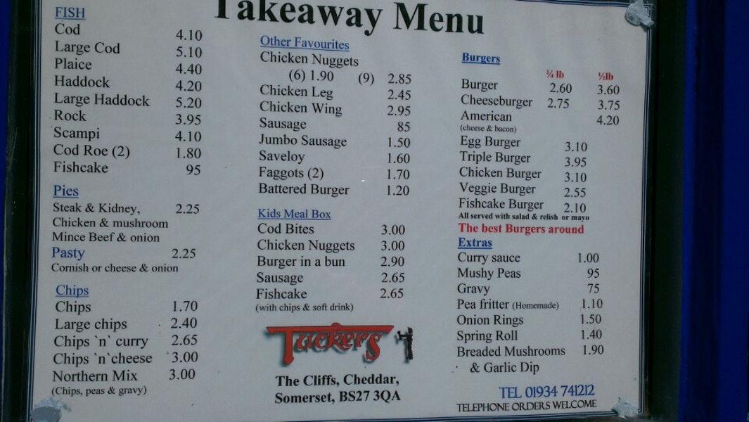 Menu at Tuckers Takeaway Cheddar restaurant, Cheddar
