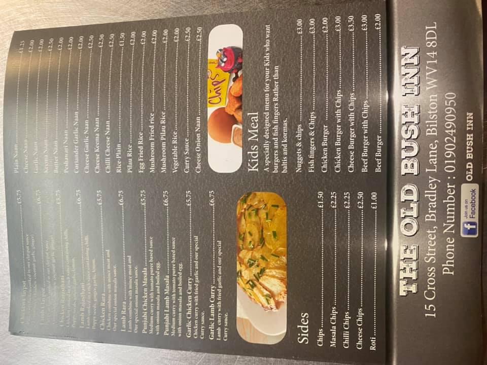 Menu at The Old Bush pub & bar, Bilston, Bradley Ln
