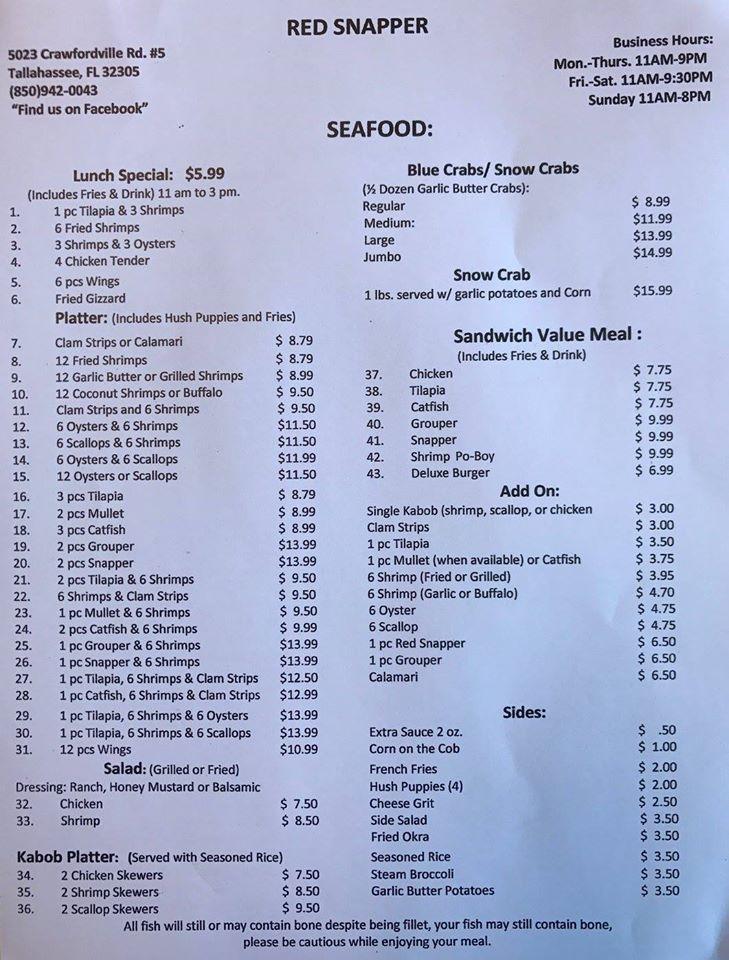 Menu at Red Snapper restaurant, Tallahassee, Crawfordville Rd 5