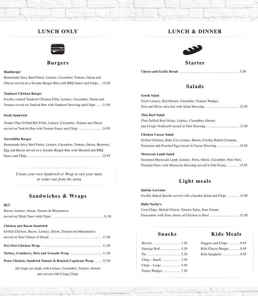 Menu at Yarrabilba Coffee Hub cafe, Yarrabilba