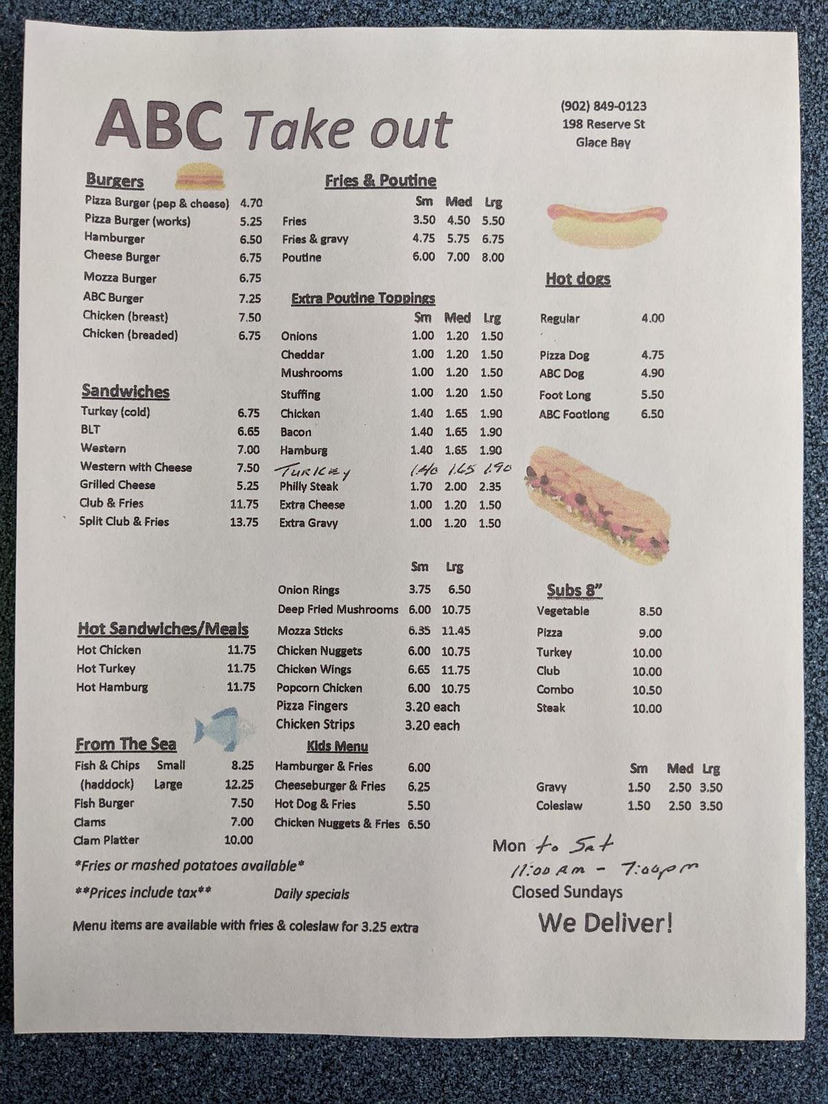 Menu at ABC TakeOut fast food, Glace Bay