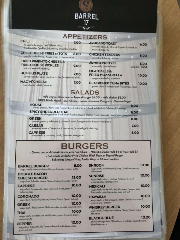 Menu at Barrel 17, Virginia Beach