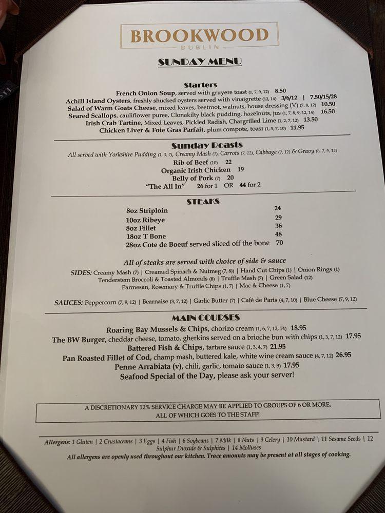 Menu at Brookwood steakhouse, Dublin, 141 Baggot Street Lower