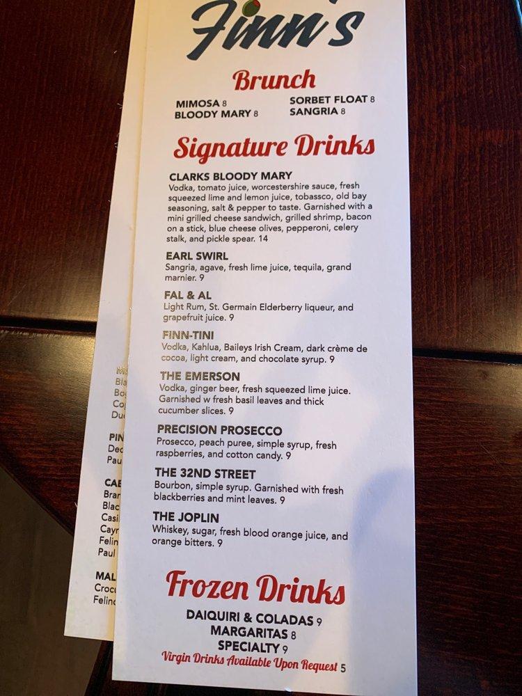 Menu at Finn's steakhouse, Joplin