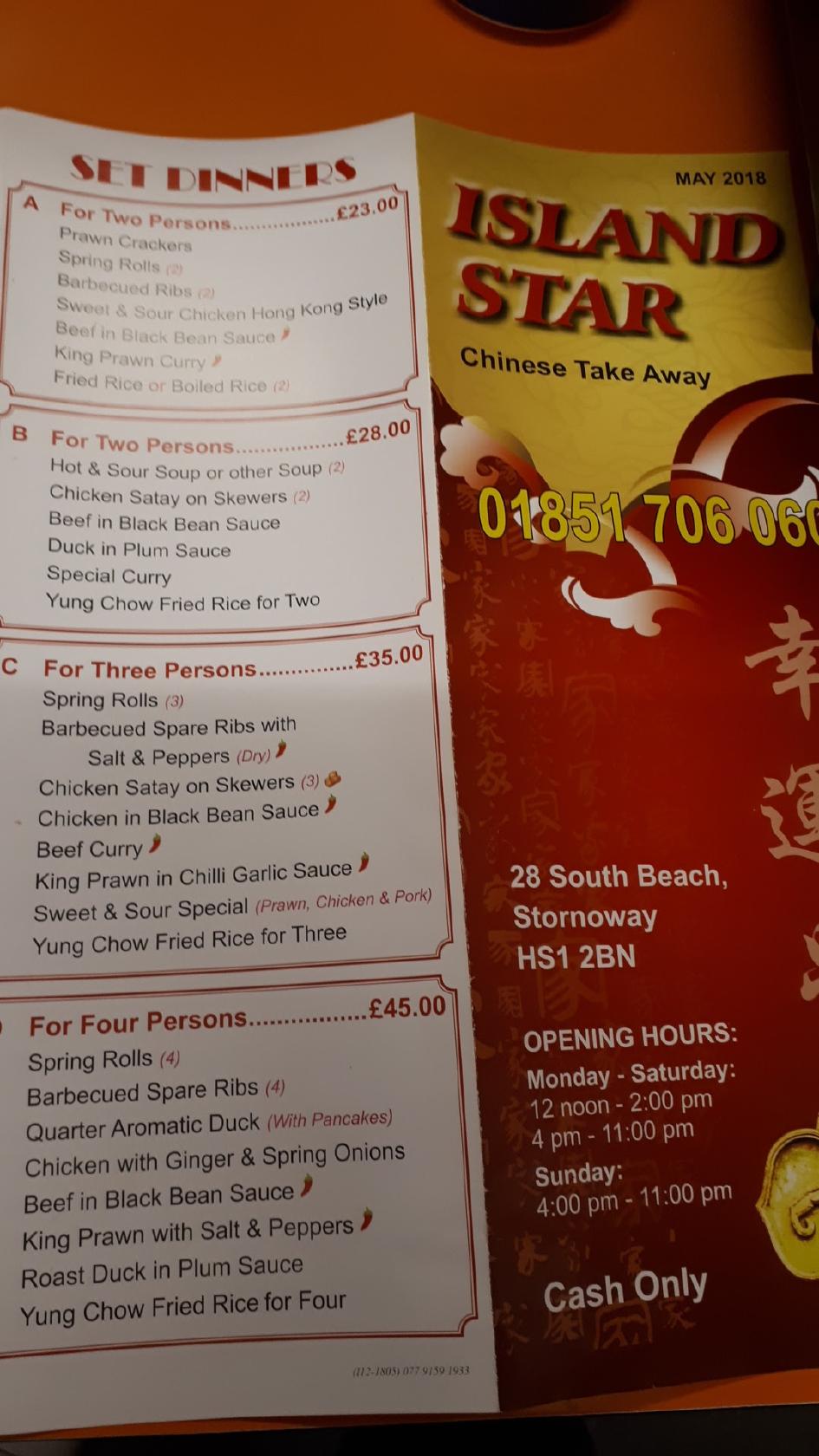 Menu at Island Star fast food, Stornoway, 28 South Beach