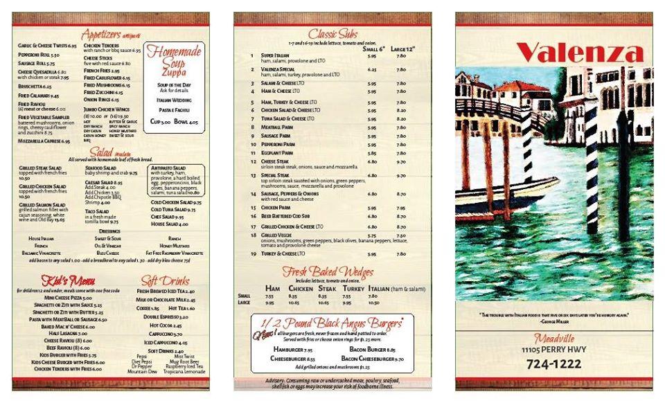 Menu at Valenza Restaurant, Meadville, Perry Hwy