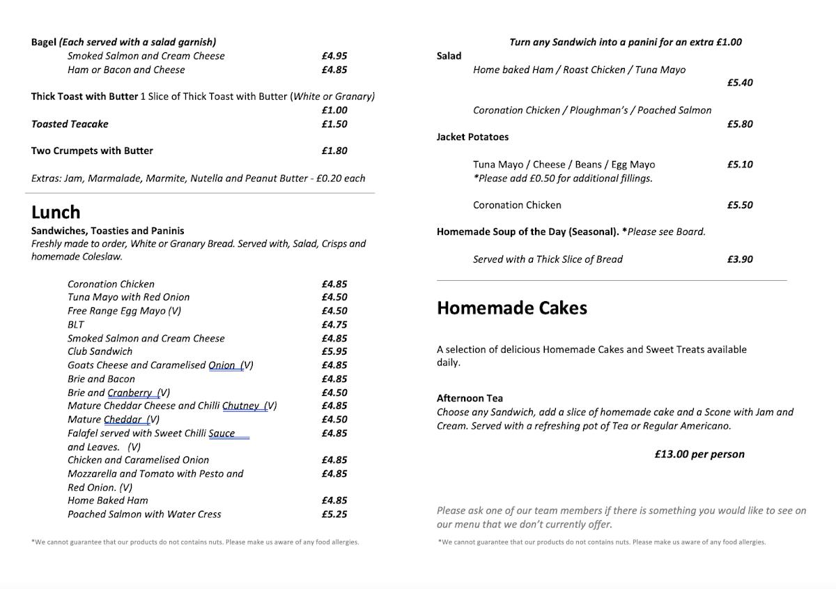 Menu at SecretsNo7 Coffee Shop cafe, Bebington