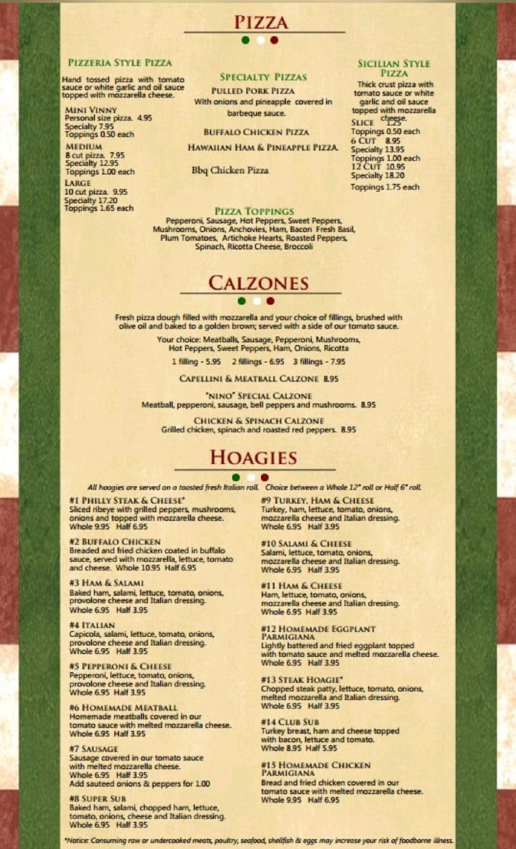 Menu at Vinny's Pizza And Restaurant, Ellwood City