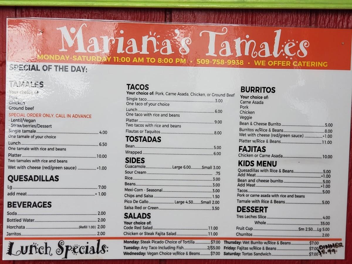 Menu at Mariana's Tamales restaurant, Clarkston