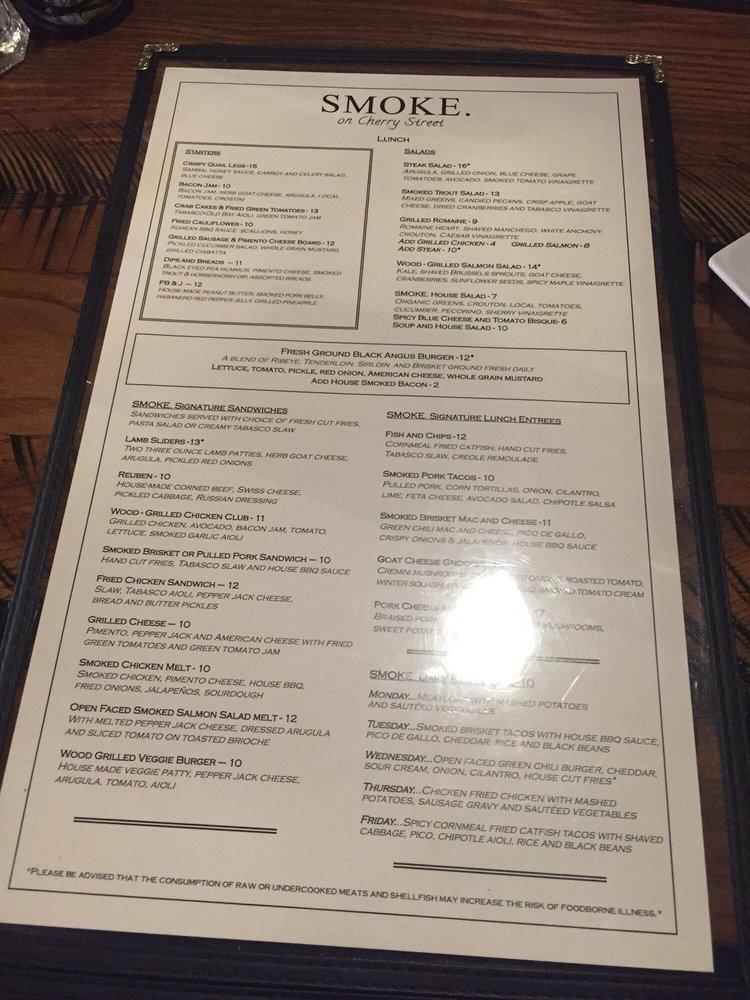 Menu at SMOKE. Woodfire Grill pub & bar, Tulsa