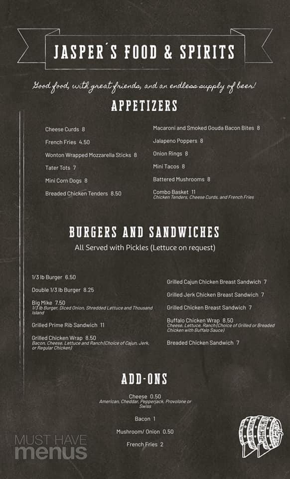 Menu at Jaspers Food Spirits restaurant, Pickett